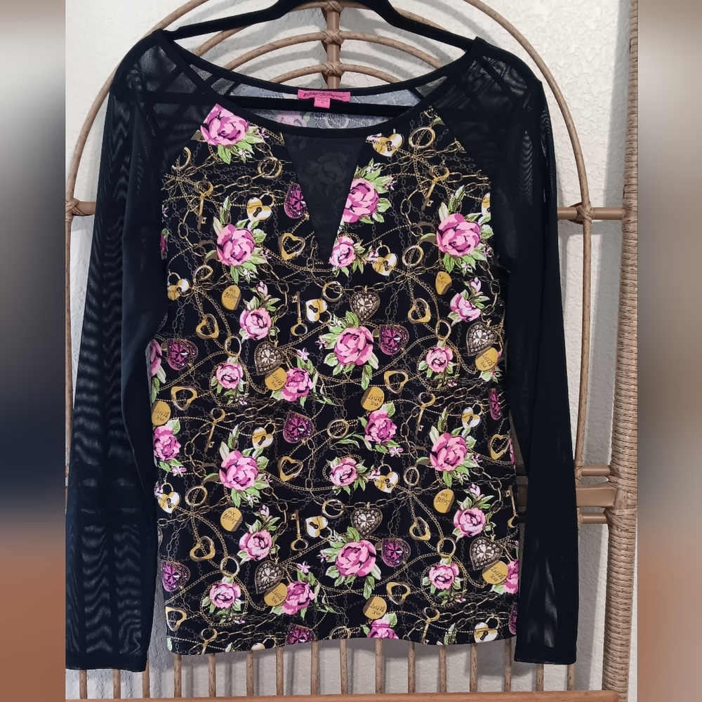 Betsey Johnson Floral Black Mesh Sleeve Top